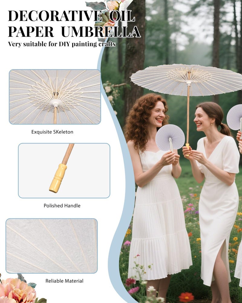 Solnique 33 Inch White Paper Umbrella with Folding Heart Fan – Chinese Japanese Style Parasol for DIY Painting, Wedding, Bridal Shower, Photography, Party Decoration - Image 3